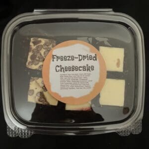 Freeze-dried cheesecake in a container.