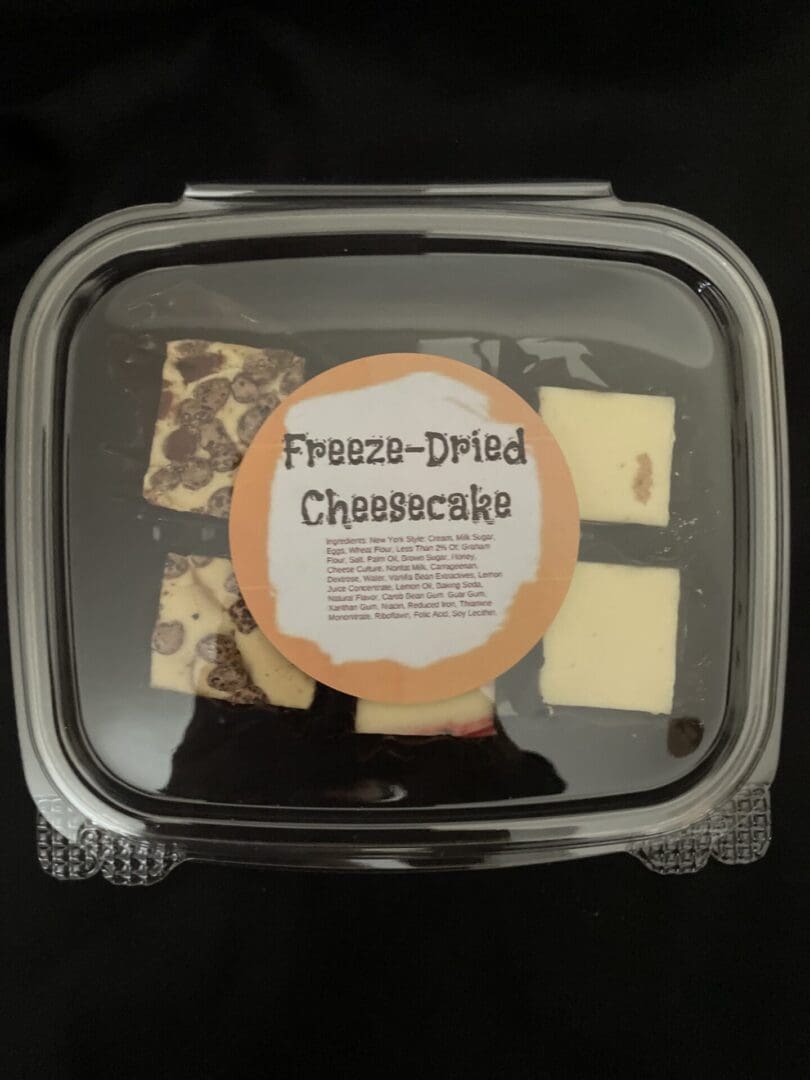 Freeze-dried cheesecake in a container.