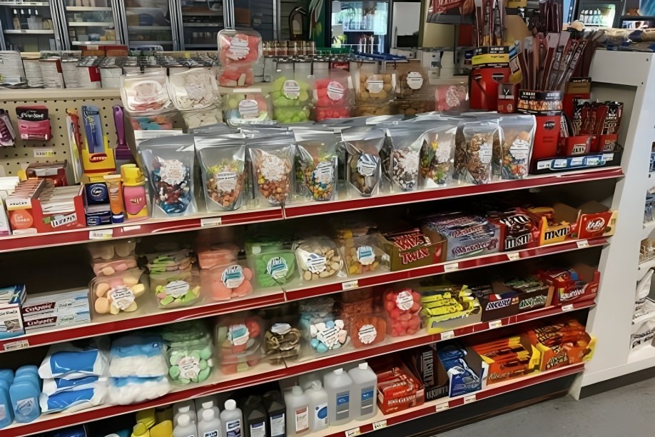 A store shelf filled with lots of different items.