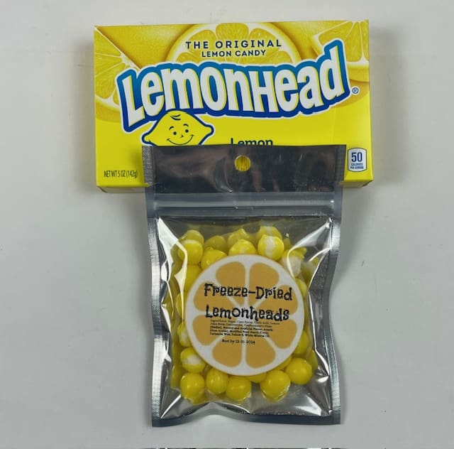 A bag of lemon head candy is shown.