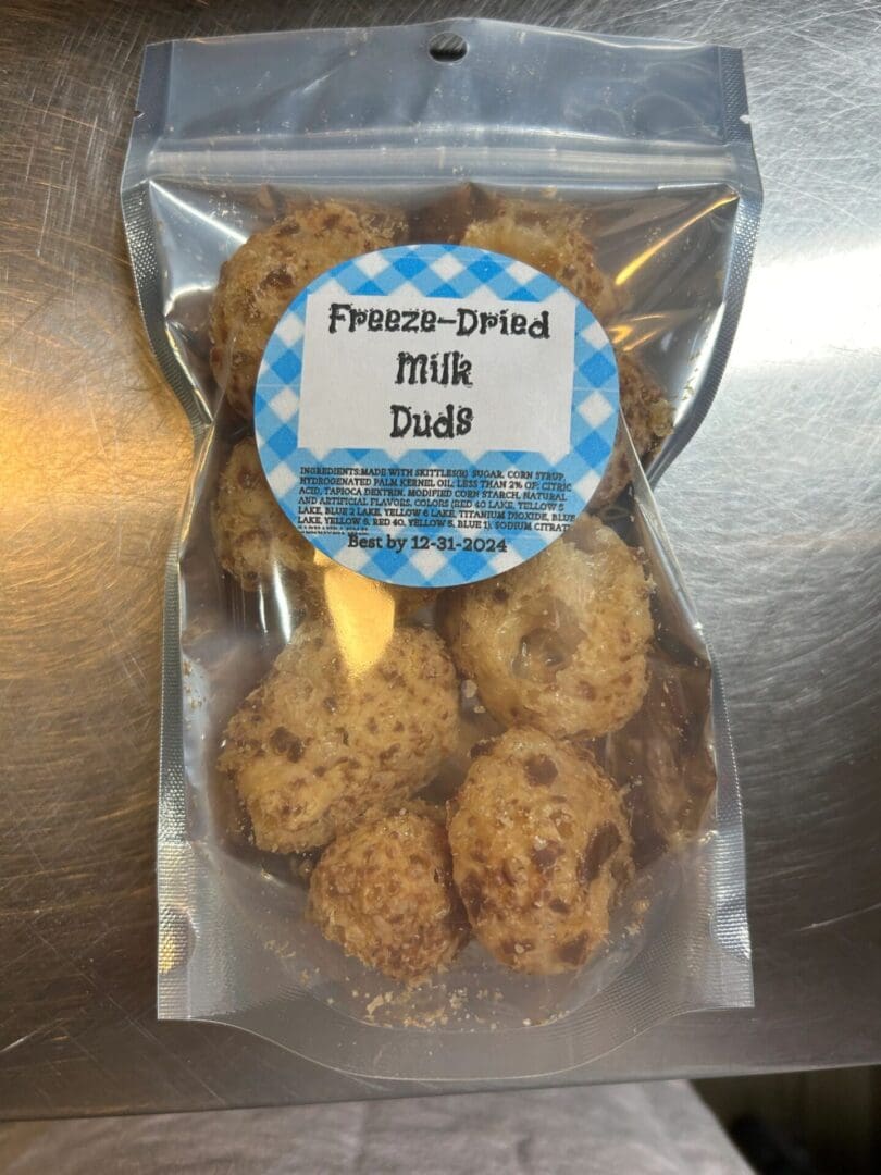 A bag of freeze dried milk dude cookies