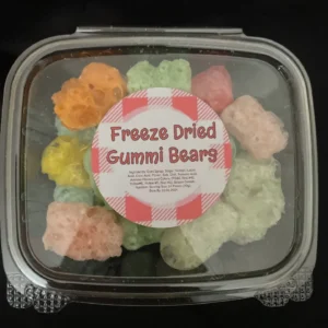 Freeze-dried gummy bears in container.