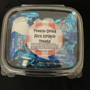 Freeze-dried Rice Krispie treats in container.