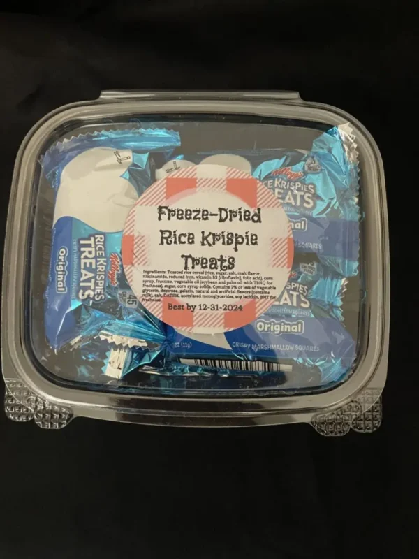 Freeze-dried Rice Krispie treats in container.