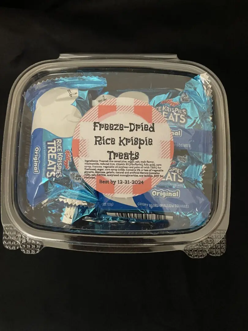 Freeze-dried Rice Krispie treats in container.