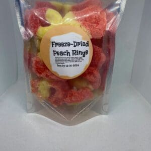 A bag of freeze dried peach rings