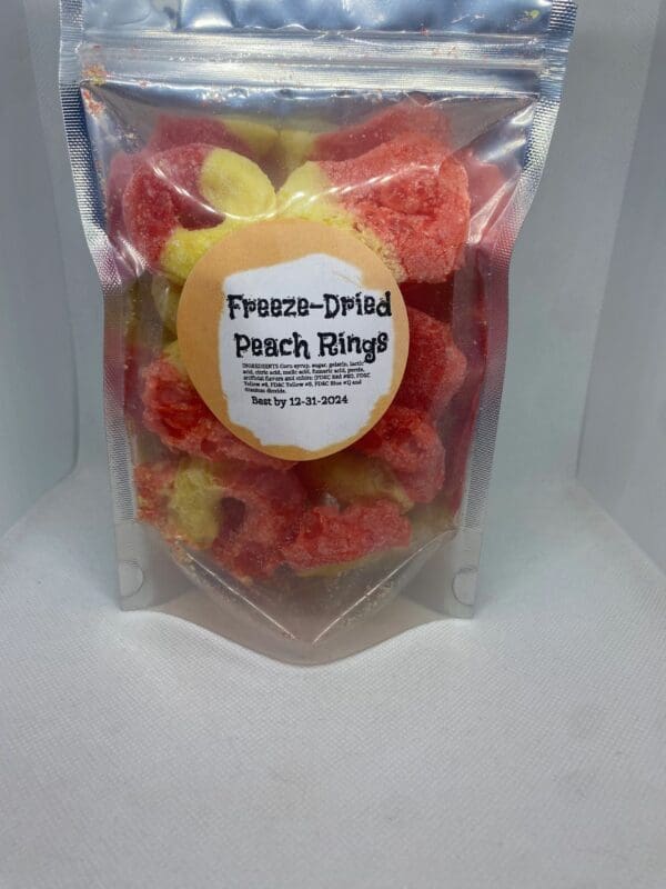 A bag of freeze dried peach rings