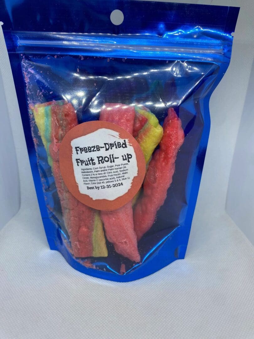 A bag of freeze dried fruit is shown.