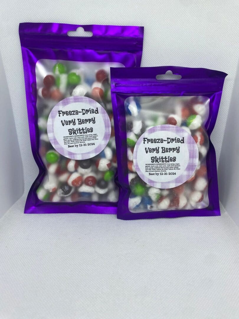 A purple bag of freeze dried lime berry