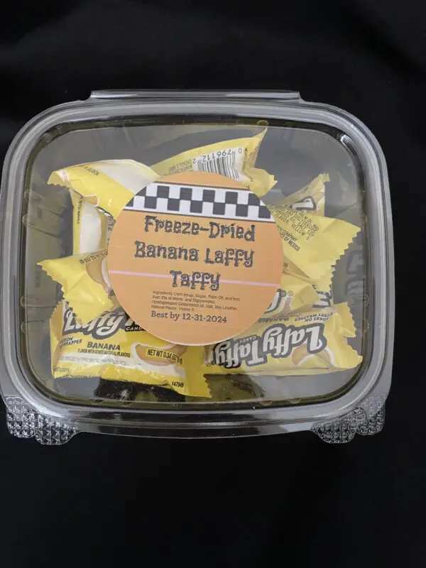 Freeze-dried banana Laffy Taffy candy.