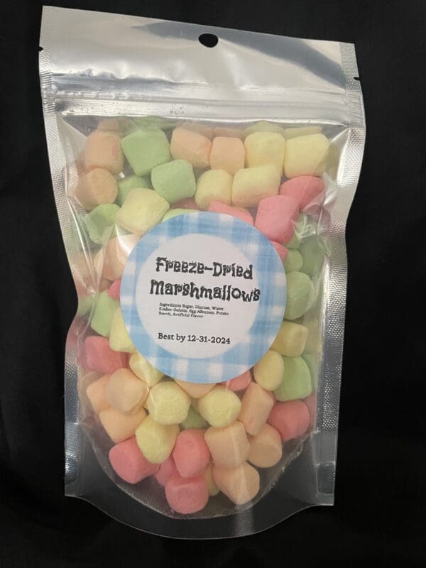 Bag of colorful freeze-dried marshmallows.